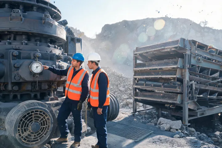 Engineers reviewing cone crusher CSS on quarry plant