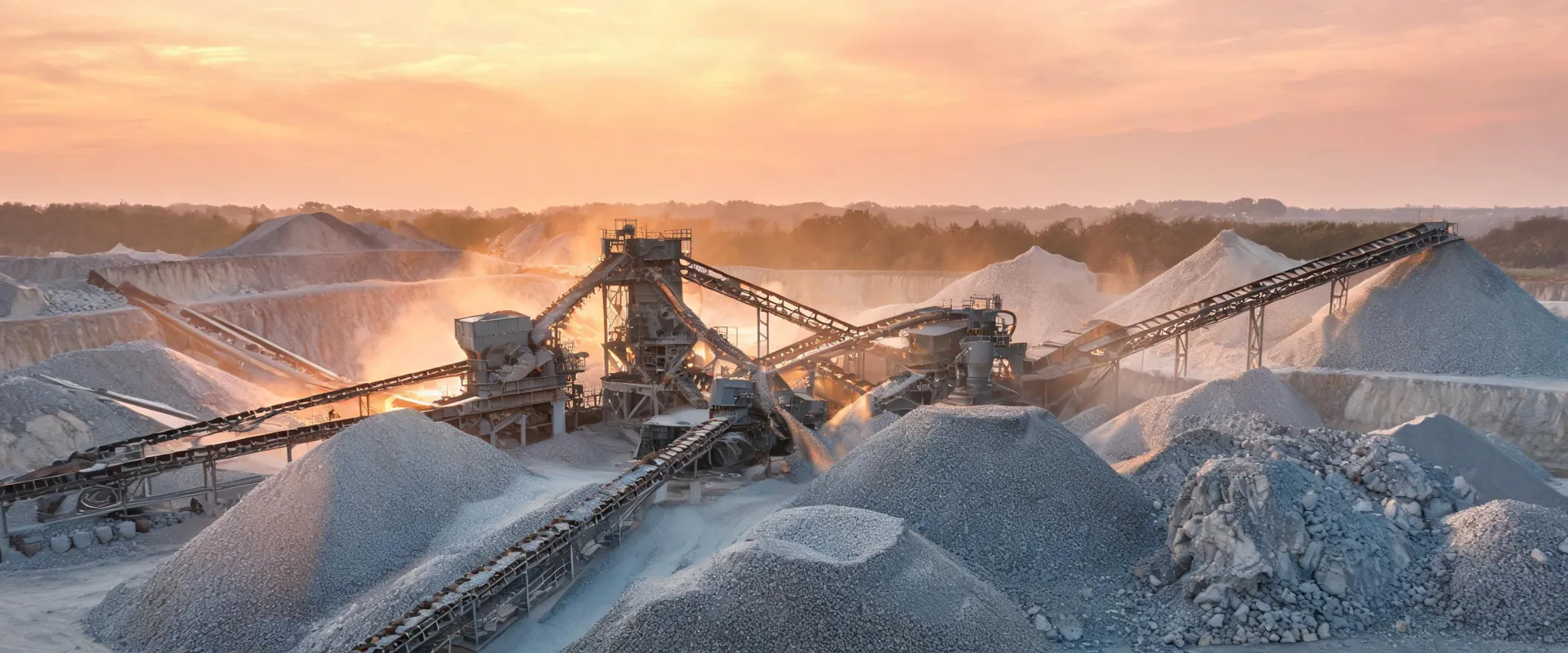 Dusk quarry stockpile with Sandvik crushing plant conveyors